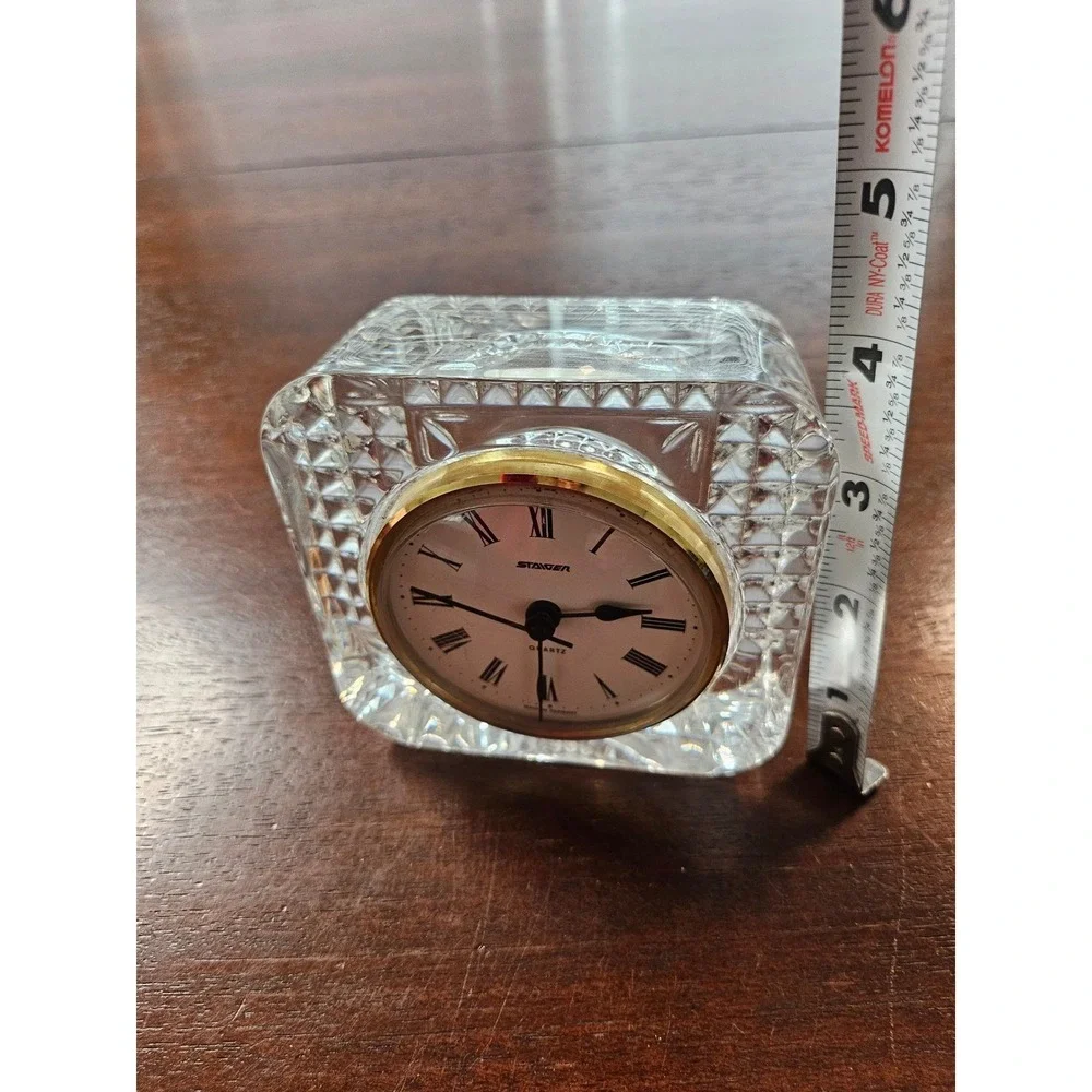 Staiger Quartz Desk Clock Lead Crystal West Germany Roman Numeral Gold Tone Trim
